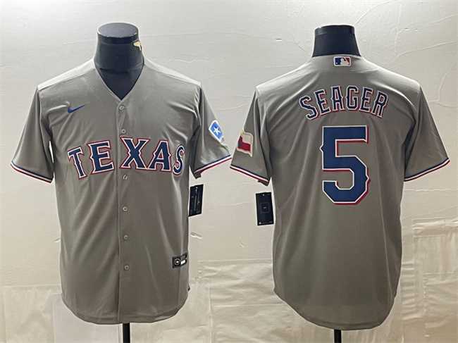 Men%27s Texas Rangers #5 Corey Seager Gray With Patch Cool Base Stitched Baseball Jersey